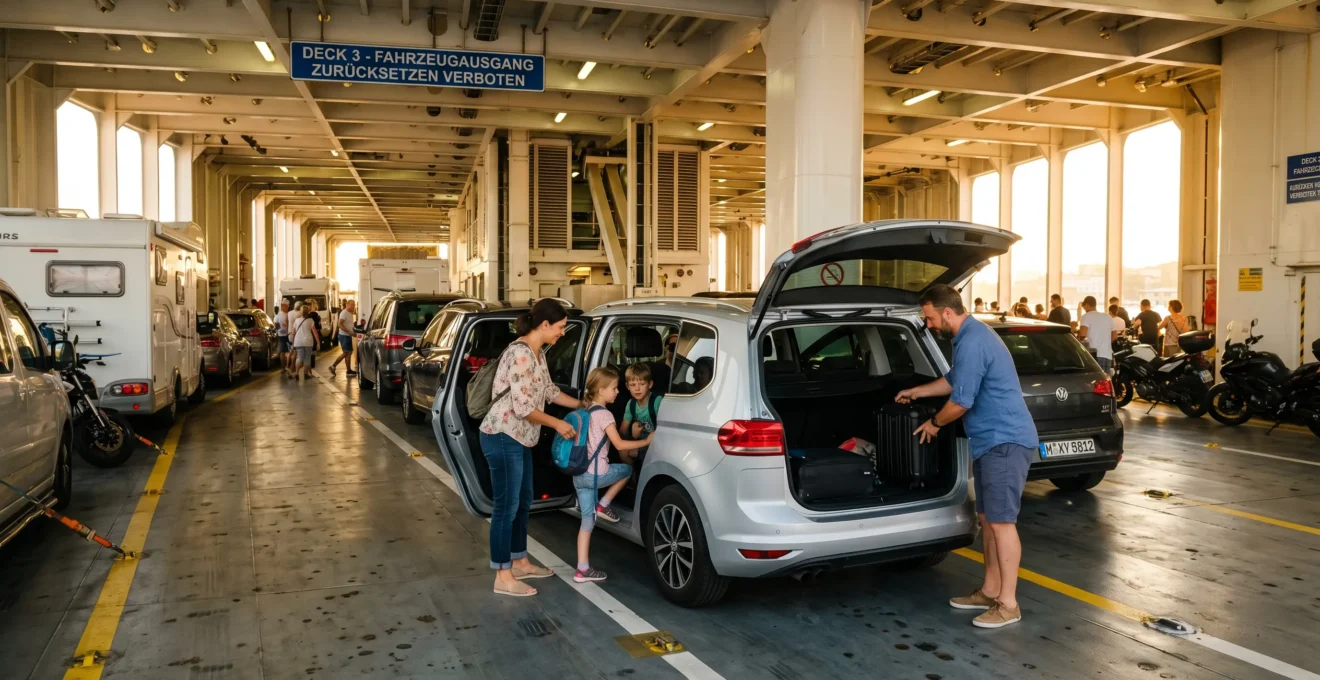 Familie steigt in ihr Auto auf dem Fahrzeugdeck einer Mittelmeer-Fähre ein, warmes Abendlicht, entspannte Urlaubsatmosphäre
