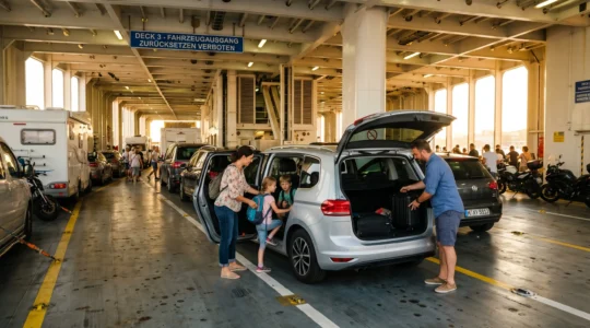 Familie steigt in ihr Auto auf dem Fahrzeugdeck einer Mittelmeer-Fähre ein, warmes Abendlicht, entspannte Urlaubsatmosphäre