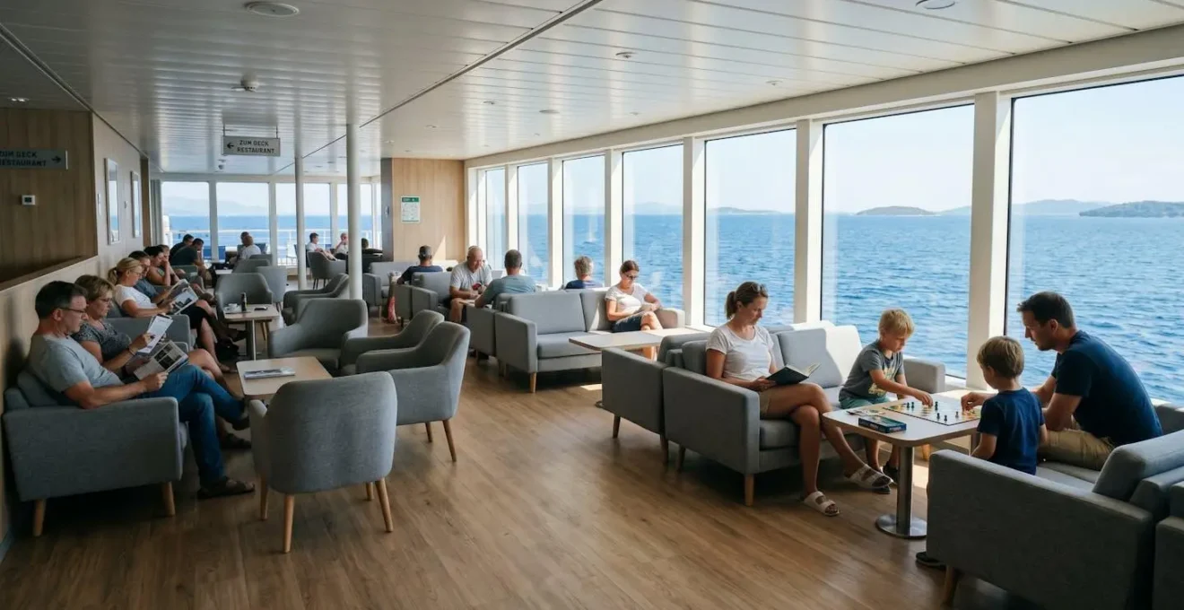 Passagiere entspannen in der modernen Lounge einer Mittelmeer-Fähre mit Meerblick