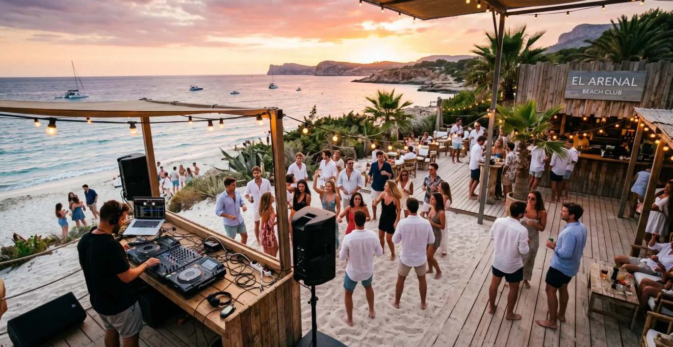 Beach Club an der Südküste Mallorcas bei Sonnenuntergang mit Holzterrasse, DJ und jungen Leuten, die barfuss im Sand mit Blick aufs Mittelmeer tanzen