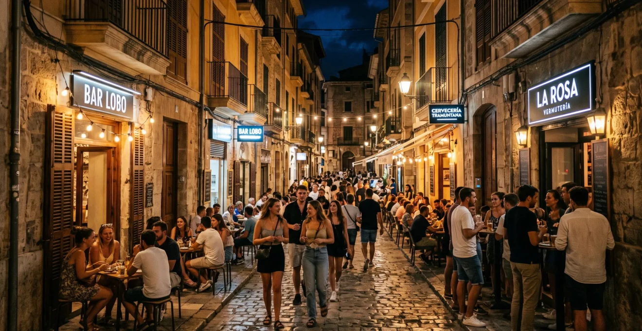 Belebte Straße in der historischen Altstadt von Palma de Mallorca bei Nacht mit mediterranen Steinfassaden, beleuchteten Bars und Gruppen junger Touristen, die zwischen den Lokalen flanieren