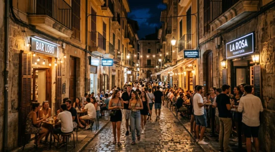 Belebte Straße in der historischen Altstadt von Palma de Mallorca bei Nacht mit mediterranen Steinfassaden, beleuchteten Bars und Gruppen junger Touristen, die zwischen den Lokalen flanieren