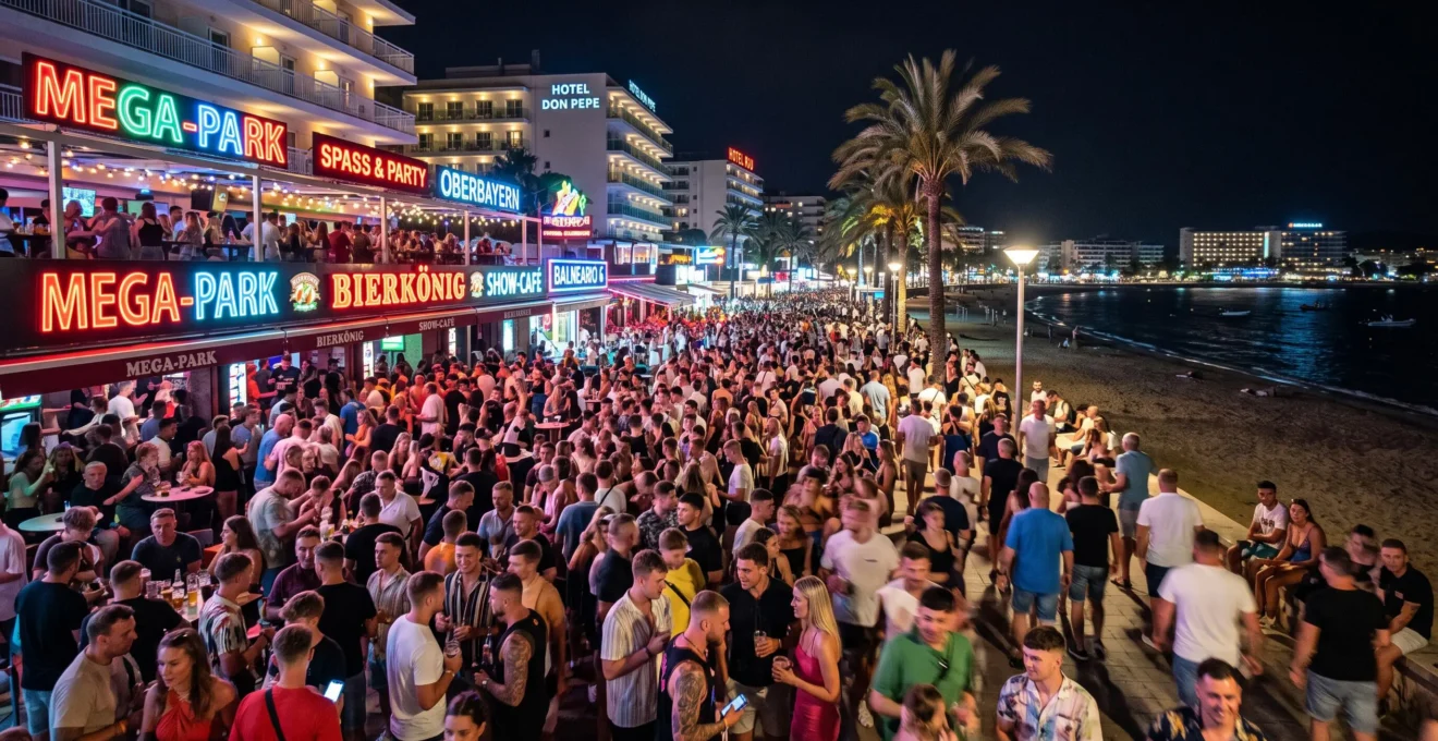 Belebte Strandpromenade von Playa de Palma bei Nacht mit dichtem Gedränge auf Bar-Terrassen, bunten Neonlichtern und lebhafter Partystimmung entlang des Strandes