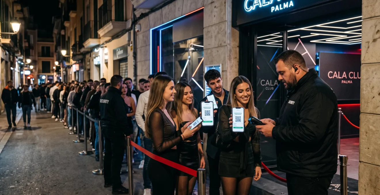 Gruppe junger Erwachsener, die ihre digitalen Reservierungen per Smartphone am Eingang eines Clubs in Palma vorzeigen und die im Hintergrund sichtbare Warteschlange umgehen